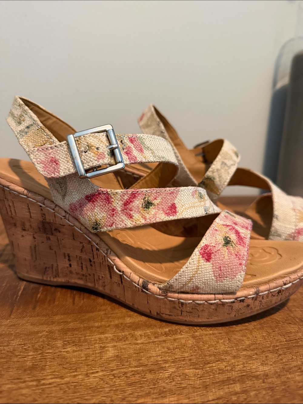 b.o.c Floral Canvas Cork Wedge Sandals - Pink Floral